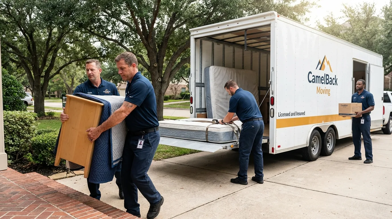 Crew loading residential truck for cross-state move from Fisher, IL