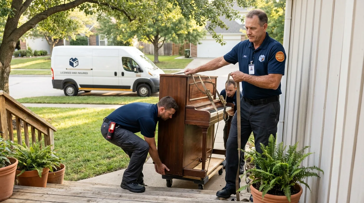 Licensed piano movers securing grand piano in Fisher, IL