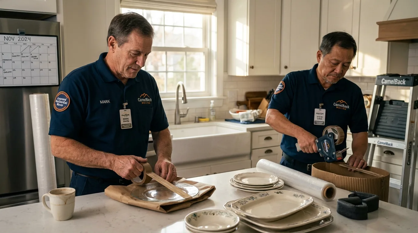 Professional crew packing kitchen dishware in Fisher, IL